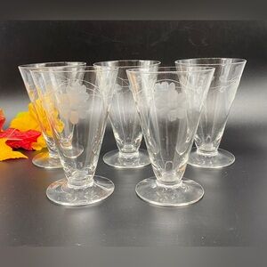 Vintage Footed Crystal Glasses -Etched Flowers - Water/Cocktail/Wine - 5 Glasses